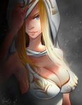  alternate_costume alternate_hair_color ashe_(league_of_legends) bad_id bad_pixiv_id bare_shoulders blonde_hair blue_eyes breasts cleavage freljord_ashe krys large_breasts league_of_legends long_hair parted_lips solo 
