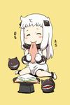  ^_^ ahoge blush_stickers closed_eyes dress eating hinamatsuri hishimochi holding horns kantai_collection long_hair mittens nana-ine northern_ocean_hime pale_skin shinkaisei-kan sitting smile white_dress white_hair 