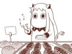  1girl bread comic commentary cosplay food horns hot_dog jpeg_artifacts kantai_collection long_hair melon_bread monochrome moomin muppo northern_ocean_hime northern_ocean_hime_(cosplay) sazanami_konami shinkaisei-kan silent_comic simple_background tail tongs tray 