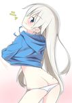 ass blonde_hair blue_eyes blush bottomless butt_crack eila_ilmatar_juutilainen gradient gradient_background hands_in_pockets hood hoodie hoodie_lift long_hair looking_at_viewer no_pants panties smile solo strike_witches underwear world_witches_series yuzuyoukan 