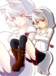 alternate_costume animal_ears bad_id bad_pixiv_id black_legwear blush boots crossed_arms full_body inubashiri_momiji looking_at_viewer marusan open_mouth pom_pom_(clothes) red_eyes short_hair silver_hair simple_background solo tail thighhighs touhou white_background wolf_ears wolf_tail zoom_layer 