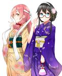  adjusting_eyewear akashi_(kantai_collection) black-framed_eyewear black_hair blue_eyes brown_eyes floral_print flower glasses hair_flower hair_ornament hair_ribbon headband japanese_clothes kantai_collection kimono long_hair looking_at_viewer mikan_(chipstar182) multiple_girls obi ooyodo_(kantai_collection) pink_hair purple_kimono ribbon sash semi-rimless_eyewear sidelocks simple_background smile under-rim_eyewear white_background 