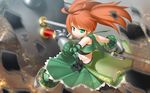  ahoge dina_(sennen_sensou_aigis) frilled_skirt frills gauntlets green_eyes huge_weapon jerry midriff orange_hair sennen_sensou_aigis skirt smile spiked_mace twintails vest weapon 