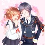  1girl ^_^ armor closed_eyes crossover flower grin ikazuchi_(kantai_collection) japanese_armor kantai_collection laughing pink_background school_uniform serafuku short_hair shoulder_armor smile sode touken_ranbu yagen_toushirou yukise_unohana 