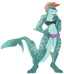  2015 anthro clothed clothing digitigrade female fish fivel flat_chested hair marine muscles plain_background red_hair shark smirk solo whale_shark white_background 