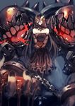  bare_shoulders battleship_water_oni black_dress black_gloves black_hair blurry chain chocolate chocolate_heart depth_of_field dress elbow_gloves frilled_dress frills gloves glowing glowing_eyes hair_between_eyes heart highres horn kantai_collection kyouya_(mukuro238) long_hair looking_at_viewer machinery monster pale_skin red_eyes shinkaisei-kan smile strapless strapless_dress very_long_hair white_skin 