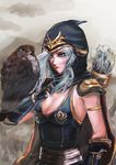  ashe_(league_of_legends) bare_shoulders bird blue_eyes breasts cape cleavage falcon hood league_of_legends lips long_hair looking_at_viewer medium_breasts quiver ren_keke silver_hair solo white_hair 