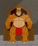  biceps big_muscles bulge chubby clothed clothing crown feline half-dressed king krosbar_(artist) lion loincloth male mammal musclegut muscles overweight pecs royalty sitting throne topless 