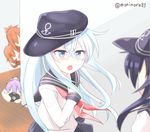  akatsuki_(kantai_collection) aoba_(kantai_collection) blue_eyes blush blush_stickers brown_hair camera commentary confession hibiki_(kantai_collection) ikazuchi_(kantai_collection) inazuma_(kantai_collection) kantai_collection long_hair moninora multiple_girls neckerchief open_mouth peeking_out pink_hair ponytail red_neckwear school_uniform serafuku short_hair sideways_hat silver_hair skirt smile twitter_username yuri 