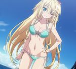  1girl 8-bit_(company) absolute_duo bikini blonde_hair blue_eyes breasts cleavage female hand_on_hip large_breasts lilith_bristol long_hair midriff navel one_eye_closed outdoors screencap sky smile solo stitched swimsuit thighs wink 