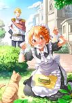  6+girls :d apron ascot belt black_dress black_gloves blonde_hair blue_eyes blue_sky blush breasts brown_eyes building cat cloud dappled_sunlight day dress embarrassed emerane epaulettes food gloves grass jacket looking_out_window maid maid_apron maid_headdress medium_breasts military military_uniform moe2015 multiple_girls open_mouth orange_hair original outdoors pants pavement paw_pose puffy_short_sleeves puffy_sleeves sandwich shocked_eyes short_sleeves sitting sky smile sunlight sweatdrop tree uniform v-shaped_eyebrows wariza watching wrist_cuffs yellow_eyes 