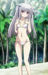  1girl 8-bit_(company) absolute_duo beach bikini flat_chest hair_ornament hair_ribbon long_hair looking_at_viewer midriff navel outdoors palm_tree pettanko red_eyes ribbon sand screencap side-tie_bikini silver_hair small_breasts stitched swimsuit thighs tree two_side_up yurie_sigtuna 