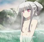  8-bit_(company) absolute_duo flat_chest folded_ponytail hair_censor hair_covering_breasts hair_over_breasts long_hair looking_up onsen outdoors partially_submerged pettanko red_eyes screencap silver_hair small_breasts stitched water yurie_sigtuna 