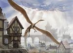  architecture avian beak city cityscape cloud feathered_wings feral flying gryff gryphon high-angle_shot john_severin_brassell magic_the_gathering official_art quadruped solo wings 
