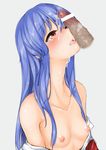  bar_censor blue_hair blush breasts censored collarbone cum cum_on_hair fellatio highres hinanawi_tenshi long_hair md5_mismatch momoiro_lettuce nipples one_eye_closed oral penis penis_on_face shirt_pull small_breasts tongue tongue_out topless touhou upper_body very_long_hair 