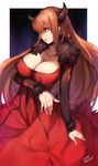  artist_name blood blood_from_mouth breasts choker cleavage dated dress fur_trim highres horns large_breasts long_hair maou_(maoyuu) maoyuu_maou_yuusha mukka open_mouth red_eyes red_hair solo 