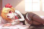  ascot black_legwear blonde_hair commentary crotch_seam hair_ribbon highres long_sleeves looking_at_viewer lying lzh no_pants on_side open_mouth panties panties_under_pantyhose pantyhose pillow red_eyes ribbon rumia shirt skirt skirt_removed solo thighband_pantyhose touhou underwear vest white_panties 