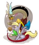  &lt;3 blonde_hair brown_fur derpy_hooves_(mlp) discord_(mlp) draconequus duo equine female food friendship_is_magic fur grey_fur hair horn horse male mammal muffin my_little_pony pegasus pony red_eyes thedoggygal wings yellow_eyes yellow_sclera 