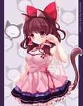  alternate_costume animal_ears armpits artist_name bamboo_(akimotoaki) blush bow breasts brown_hair cat cat_ears cat_tail cleavage cleavage_cutout dated dress fingernails frilled_skirt frills grey_background hair_bow hair_tubes hakurei_reimu highres kemonomimi_mode large_breasts layered_dress long_hair looking_at_viewer nail_polish paw_pose red_eyes shawl skirt smile solo tail touhou 