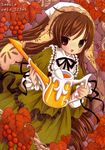  black_neckwear black_ribbon brown_hair dress food frills fruit grapes green_dress green_eyes hat heterochromia holding lace lace-trimmed_ribbon long_hair looking_at_viewer neck_ribbon open_mouth peloli plant red_eyes ribbon rozen_maiden solo suiseiseki very_long_hair watering_can white_hat 