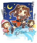  &gt;_&lt; blush brown_hair chibi closed_eyes crescent_moon double_bun flashlight hat headband holding holding_pillow jintsuu_(kantai_collection) kantai_collection moon multiple_girls naka_(kantai_collection) night night_sky nightcap pillow remodel_(kantai_collection) renta_(deja-vu) sendai_(kantai_collection) sky star translation_request triangle_mouth twitter_username 