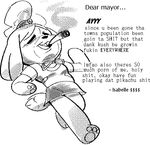  animal_crossing canine dog drugs english_text female isabelle_(animal_crossing) mammal marijuana monochrome nintendo solo text video_games 