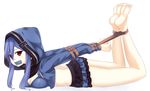  bare_legs barefoot bdsm blue_bra blue_hair bondage bound bound_arms bra effole_(fairy_fencer_f) fairy_fencer_f gag gagged handsofmidaz hogtie hood hoodie improvised_gag red_eyes skirt tape tape_gag underwear 