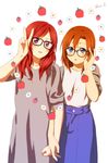  bad_id bad_pixiv_id bespectacled blue_eyes blush brown_hair dress food fruit glasses heart holding_hands inuzuka_bouru kousaka_honoka long_hair looking_at_viewer love_live! love_live!_school_idol_project multiple_girls nishikino_maki nitta_emi photo-referenced pile_(seiyuu) purple_eyes red_hair seiyuu_connection skirt speech_bubble strawberry v 