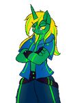  2015 alpha_channel animated anthro clothing crossed_arms equine fan_character fingerless_gloves fluoresca_neon gloves glowing hair horn long_hair looking_at_viewer male mammal my_little_pony plain_background smile solo suirano transparent_background two_tone_hair unicorn yellow_eyes 