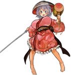  1girl alternate_breast_size barefoot blue_eyes bowl breasts dress female frills full_body japanese_clothes large_breasts lavender_hair long_sleeves looking_at_viewer miracle_mallet needle obi object_on_head open_mouth red_dress ribbon sachito sash smile solo sukuna_shinmyoumaru touhou wide_sleeves 