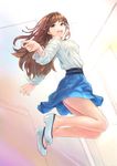  bare_legs brown_eyes brown_hair carina_(xiaowoo) commentary_request glasses highres jewelry jumping long_hair necklace no_socks original shoes skirt smile solo 