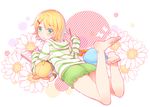  :t aqua_eyes barefoot blonde_hair casual character_doll eating feet flower food from_behind full_body hair_ornament hairclip hood hoodie kagamine_len kagamine_rin looking_at_viewer looking_back lying on_stomach pocky short_hair short_shorts shorts sleeves_past_wrists solo taranbo vocaloid white_background 