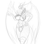  2014 abs anthro areola armor black_and_white breasts bulge cleavage clothed clothing dickgirl dragon fire hand_on_hip helmet horn intersex jrvanesbroek magic monochrome navel sketch slit_pupils solo standing wide_hips wings 