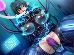  1girl annerose_vajra black_hair breasts brown_eyes curvy electricity electrocution erect_nipples female hamstring kagami_hirotaka koutetsu_no_majo_anneroze large_breasts long_hair looking_at_viewer pantyhose parted_lips sideboob sitting smile solo taimanin_asagi_battle_arena very_long_hair wide_hips 