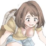  1girl :d accidental_pervert backpack bag bent_over boku_no_hero_academia bra breasts brown_hair casual cleavage denim denim_shorts downblouse elf_(stroll_in_the_woods) light_blush medium_breasts open_mouth shirt short_eyebrows short_hair shorts simple_background smile solo teeth thick_eyebrows underwear upper_teeth uraraka_ochako white_background yellow_shirt 