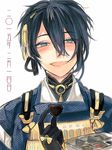  black_gloves blue_eyes blue_hair blush box_of_chocolates chocolate chocolate_heart dated gloves hairband heart japanese_clothes looking_at_viewer male_focus mikazuki_munechika mogupen open_mouth simple_background smile solo touken_ranbu translated unmoving_pattern upper_body valentine white_background 