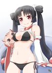  ayama_yuiya bikini black_hair cat cusco_(company) detached_sleeves fingerless_gloves gloves long_hair mascot red_eyes shirt_lift swimsuit takasaki_kusuko twintails 