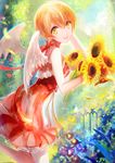 :d breasts dress earrings flower highres holding holding_flower hoshizora_rin jewelry love_live! love_live!_school_idol_project medium_breasts moemoe3345 open_mouth orange_hair outdoors petals red_dress short_hair smile solo sunflower white_wings wings yellow_eyes 
