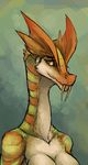 2015 anthro bone_frill breasts dinosaur fangs female gendrome green_background green_scales guoh markings monster_hunter nude orange_scales plain_background portrait raptor red_eyes scalie sharp_teeth solo stripes teeth three-quarter_view video_games 