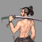  back bare_back beard brown_hair facial_hair folded_ponytail from_behind gengoroumaru_(ambidextrous) katana male_focus manly muscle over_shoulder ponytail shirtless simple_background solo sword sword_over_shoulder upper_body weapon weapon_over_shoulder 