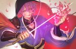  blue_eyes cloak flower hood japanese_clothes kasen_kanesada katana male_focus purple_hair solo sword touken_ranbu weapon zbxx 