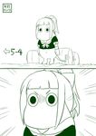  1girl bangs bow comic commentary_request drum_(container) green hair_bow highres kantai_collection monochrome moomin moomintroll ponytail school_uniform serafuku solo tail yano_toshinori yuubari_(kantai_collection) 