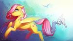  2015 antiander avian bird cutie_mark equine feathers female fluttershy_(mlp) friendship_is_magic fur green_eyes hair hi_res hooves horse lagomorph long_hair looking_back mammal my_little_pony outside pegasus pink_hair pink_nose pony rabbit smile white_fur wings yellow_feathers yellow_fur 