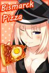  &gt;:) ;) bad_id bad_pixiv_id bismarck_(kantai_collection) blonde_hair blue_eyes blush breasts character_name cleavage collarbone food fried_egg hat holding_pizza kantai_collection long_hair medium_breasts meth_(emethmeth) one_eye_closed peaked_cap pizza slice_of_pizza smile solo v-shaped_eyebrows 