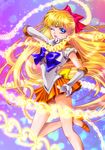  abstract_background aino_minako bad_id bad_pixiv_id bishoujo_senshi_sailor_moon blonde_hair blue_bow blue_eyes bow chain choker earrings elbow_gloves glint gloves hair_bow half_updo heart high_heels highres jewelry long_hair looking_at_viewer magical_girl one_eye_closed open_mouth orange_footwear orange_sailor_collar orange_skirt red_bow sailor_collar sailor_senshi_uniform sailor_venus shoes skirt solo sparkle standing standing_on_one_leg tiara tsukasaki_ryouko venus_love_me_chain white_gloves yellow_bow 