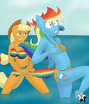  2015 anthro anthrofied applejack_(mlp) blonde_hair clothing cowboy_hat duo equine female friendship_is_magic green_eyes hair hat hi_res horse mammal multicolored_hair my_little_pony navel outside pegasus pony purple_eyes rainbow_dash_(mlp) rainbow_hair rainbow_tail swimsuit teeth wings wodahseht 