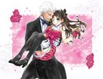  archer brown_hair carrying cross cross_necklace dark_skin dark_skinned_male dress fate/stay_night fate_(series) food formal gloves green_eyes hair_ribbon highres hosiko01 jewelry necklace one_eye_closed princess_carry ribbon suit thighhighs toosaka_rin two_side_up white_hair 