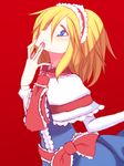  alice_margatroid ascot blonde_hair blue_eyes capelet hairband kuresento nail_polish red_background red_nails sash solo touhou 