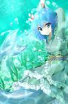  arms_up blue_eyes blue_hair bow bubble dress flower frills green_dress hair_flower hair_ornament head_fins japanese_clothes long_sleeves looking_at_viewer mermaid monster_girl obi parted_lips petals sash shiron_(e1na1e2lu2ne3ru3) short_hair solo touhou underwater wakasagihime 