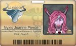  badge barcode bat bovine caduceus card cattle crystal eye_patch eyewear fauxlacine female fur hair id looking_at_viewer mammal medical nyxis pink_fur pink_hair prince purple_eyes royalty tags: 